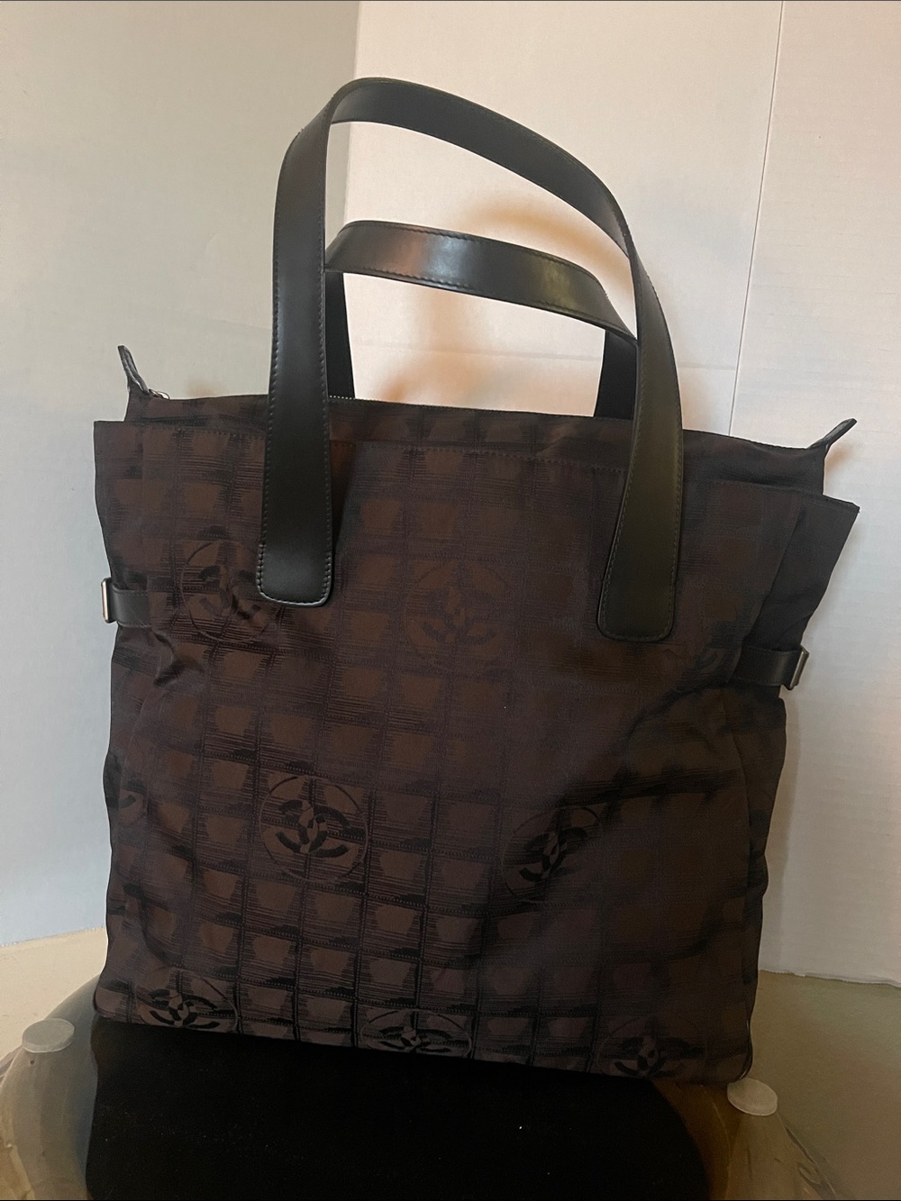 CHANEL Black and Brown Logo Jacquard Tote with Leather Handles